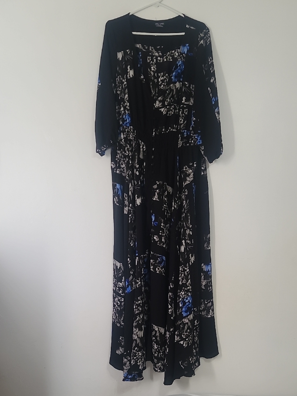 Black Floral Maxi Dress with Blue & White Accents